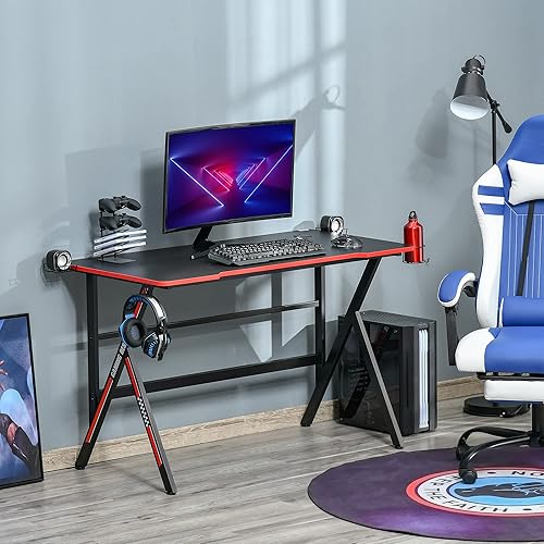 HOMCOM Bureau Gaming Racing Bureau Gamer Bureau Informatique Bracket Supports Casque Enceintes Porte-gobelet métal Plateau MDF Texture Carbone Rouge Noir - Nail Gallerys