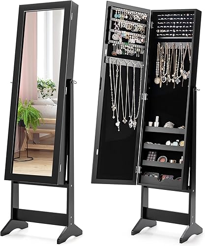 DREAMADE Armoire à Bijoux en MDF avec Grand Miroir en Verre, 3 Angles d’Inclinaison Réglables, Rangement pour Anneaux, Boucle d'oreille, Bracelet, Colliers (Noir) - Nail Gallerys