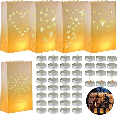 Sac à Bougies (Paquet de 50) - Résistants à la Flamme, Réutilisables Lanterne Papier Blanc pour Vacances, Décoration de Fête et Mariage - Étoile, Cœur, Lune, Dot et Papillon Forme d' Sac à Bougies - Nail Gallerys