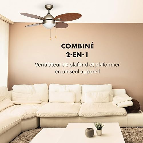 KLARSTEIN Valderama - Ventilateur de Plafond, 4 pales, Silencieux, Diamètre de 42', 3 Vitesses :Basse, Moyenne, Haute, Lampe integrée - Cerisier - Nail Gallerys