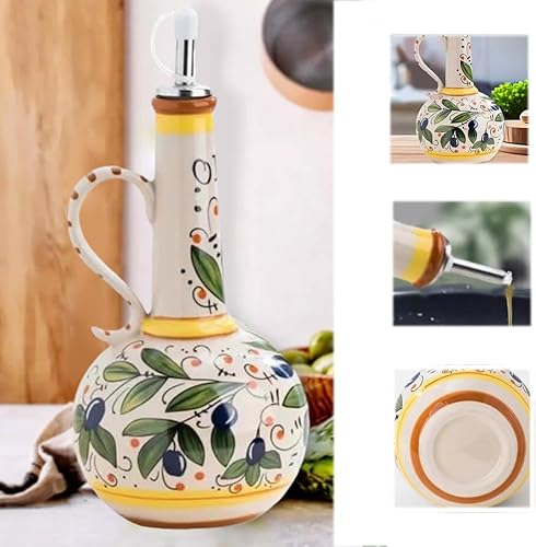 Distributeur d'huile d'olive en céramique, 25 oz, quantité d'huile d'olive décorative en faïence pour la cuisine avec bec en acier inoxydable, bouteille en céramique d'olive peinte à la main, pour - Nail Gallerys