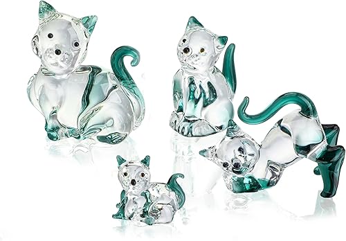 HDCRYSTALGIFTS Lot de 4 figurines de chat en verre soufflé à la main à collectionner, statue d'animal miniature en verre pour décoration d'intérieur, cadeau - Nail Gallerys