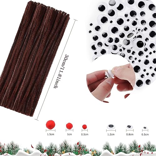 Cure Pipe Chenille marron artisanat, 400 Pièces Fils chenilles Avec Craft Pompons Rondes Yeux Auto-Adhésifs, Tiges de Chenille de Noël Convient à Pour Bricolage de Noël Fait à La Main - Nail Gallerys