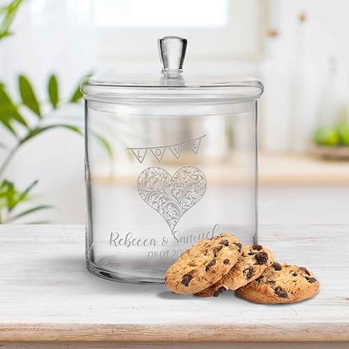 GRAVURZEILE Leonardo Bocal à biscuits avec gravure – Boîte à biscuits en verre avec couvercle – Boîte de conservation personnalisable avec nom et date – Cadeau pour les couples ou pour un mariage - Nail Gallerys