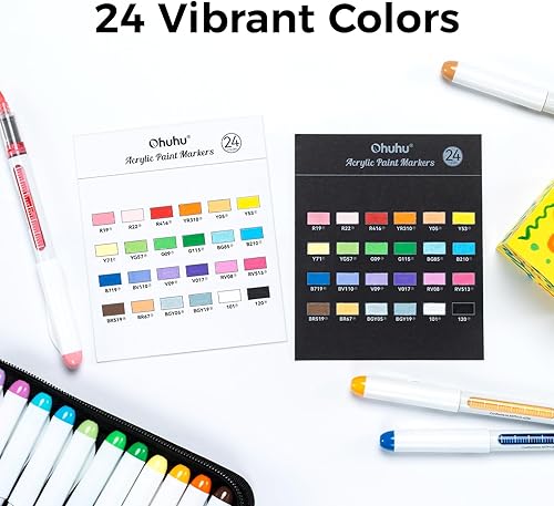 Ohuhu Stylos à peinture acrylique 24 couleurs, 1.5MM Brush Tips Acrylic Markers High Opacity Waterproof Lightfast for Rock Painting Easter Eggs Wood Glass Ceramic Canvas (en anglais) - Nail Gallerys