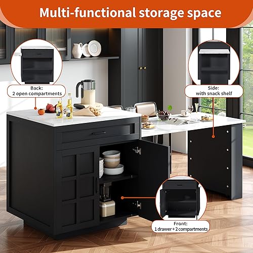 Zepneiy Table de Bar Extensible avec Espace de Rangement (110-124×78×97,5 cm), avec 2 tiroirs, 2 étagères latérales Ouvertes et Prise de Courant intégrée, avec Plateau en Grain de Bois, Blanc - Nail Gallerys