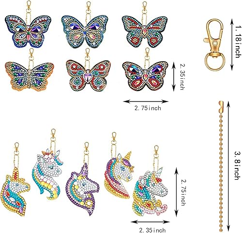 YICHEN 11 Pièces 5D DIY Diamant Peinture Portes-Clés pour Enfants et Adultes Licorne et Papillon Bricolage 5D Mosaïque Forme Diamond Art Painting Keychain Pendentif pour Sacs Décoration - Nail Gallerys