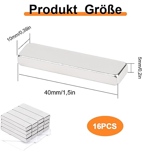 Aimants, Pack de 16 Aimants Puissants, Aimants Rectangulaires 40x10x5 mm, Aimants pour Réfrigérateur, pour Tableau Magnétique, Armoire de Cuisine, Tableau Magnétique - Nail Gallerys