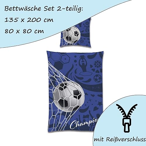 Familando Parure de lit de football - 135 x 200 cm - 80 x 80 cm - En 100 % coton - Avec fermeture éclair - Certifié Oeko-Tex - Bleu avec balle dans le but - Parure de lit douce pour enfant - Lavable - Nail Gallerys
