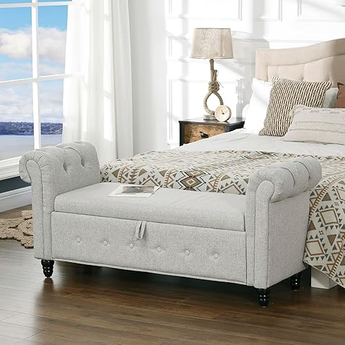 HOMCOM Banc de Rangement, Bout de lit, Coffre de Rangement en Tissu Aspect Lin avec Pieds en Bois, 146,5 x 49 x 72 cm, Gris - Nail Gallerys