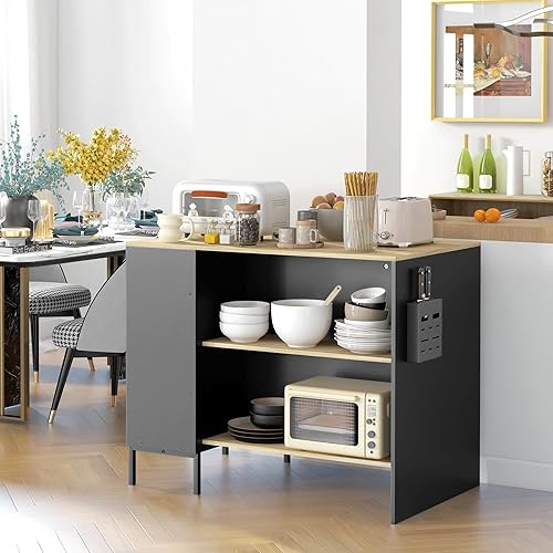 HOMCOM Desserte îlot de Cuisine Meuble de Rangement avec Porte-Couteaux latéral, 2 étagères Ouvertes, 1 Placard avec Portes coulissantes, 114,5L x 70l x 90H cm, Noir - Nail Gallerys