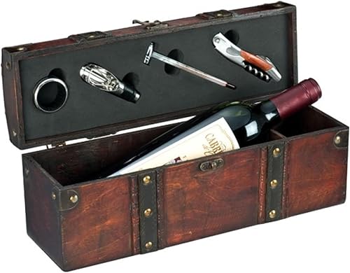 Set à vin sommelier dans une boîte en bois - Look coffre au trésor - Accessoires de bar 5 en 1 avec caisse à vin en bois - Set de décanteur en acier inoxydable avec couteau de sommelier, thermomètre à - Nail Gallerys