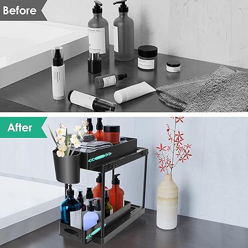 Valuetom 2PCS Rangement Sous évier Avec Tiroir de Rangement Coulissant Rangement Sous évier à 2 Niveaux Avec 4 Crochets Panier de Rangement Coulissant Pour Cosmétiques Cuisine Salle - Nail Gallerys