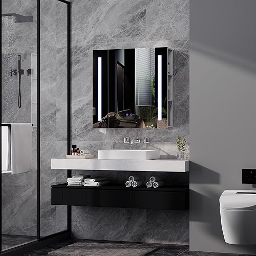 YU YUSING Armoire Rangement Murale de Salle de Bain avec Miroir LED 70x16x70cm, Armoire de Toilette WC Suspendue avec Etagère Réglable et Porte, Anti-buée, 3 Couleurs Dimmable, Bois MDF, Blanc - Nail Gallerys