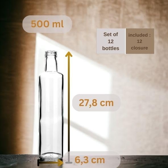 gouveo Lot de 12 bouteilles en verre Dorica de 500 ml avec bouchon à vis PP 31,5 argenté - bouteilles d'huile, de vinaigre, de liqueur, vides pour remplissage automatique (DFT500S) - Nail Gallerys