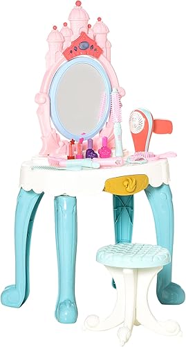 HOMCOM Coiffeuse Enfant avec Tabouret Design château de Princesse - Effets Lumineux et sonores - 12 Accessoires - ABS PP Multicolore - Nail Gallerys