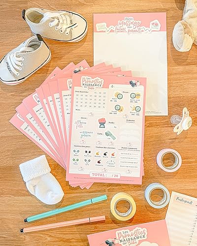 Lot 24 Cartes Pronostics Naissance Bébé pour jeu Baby Shower +1 Fiche score + 1 Carte Tableau des prix (ROSE) - Nail Gallerys