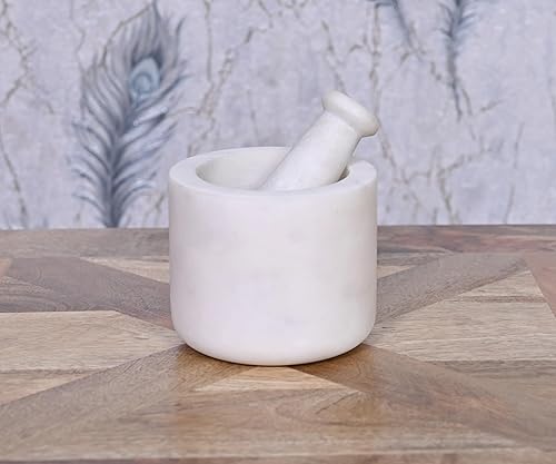 BOX And Tree | Grand Mortier et Pilon En Marbre Blanc Naturel Artisanat fait a la main Pour Epices, Pesto, Herbes - Pilon pour Cuisine en Pierre Presse-agrumes - Diamètre,13cm (XL) - Nail Gallerys