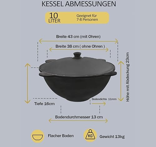 Kazan Chaudron en fonte 10 l, casserole Kazan en fonte, pot en fonte, 10 l, 10 l - Nail Gallerys