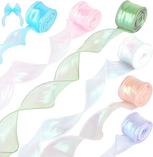 Lot de 6 rouleaux de ruban en organza - 4 cm x 9 m - Transparent - À paillettes - Pour emballage cadeau, bouquet, bricolage (6 couleurs) - Nail Gallerys