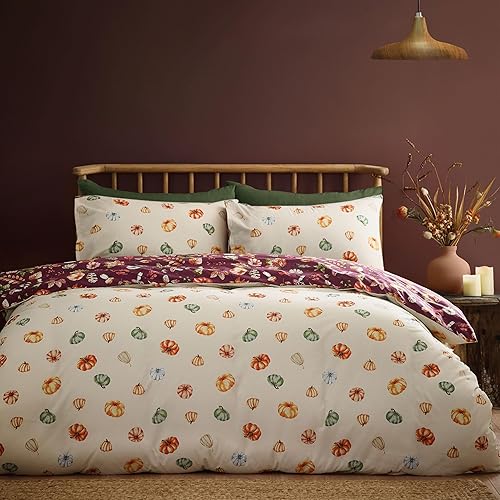 Catherine Lansfield Parure de lit Simple réversible avec Housse de Couette et taie d'oreiller Motif citrouilles d'automne Prune - Nail Gallerys