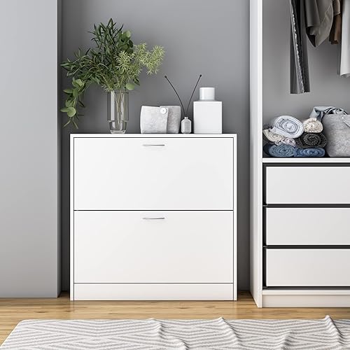 FirFurd Meuble Chaussure Blanc Meuble à Chaussures 2 abattants Étagère à Chaussures 2 Niveaux pour Entrée Couloir Salon en Bois 80x23,5x80cm - Nail Gallerys