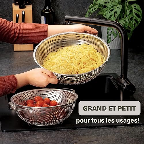 2 Passoires en Acier Inox 28cm + 21cm - Grande et Petite - Passe au Lave-vaisselle - Base Stable - Pour Pâtes, Fruits, Légumes - Nail Gallerys