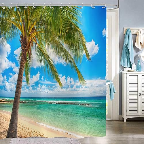 Hnmdmyi Rideau de Douche Ocean Beach 120x180, Palmiers Tropicaux Seaside Island Ciel Bleu Paysage Hawaïen, Imperméable en Tissu Polyester Lavable pour Salle de Bain - Nail Gallerys