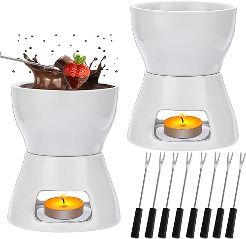 Lot de 2 chauffe-beurre en céramique avec 8 fourchettes, bol à fondue en porcelaine blanche pour fromage, caramel, tapas - Nail Gallerys