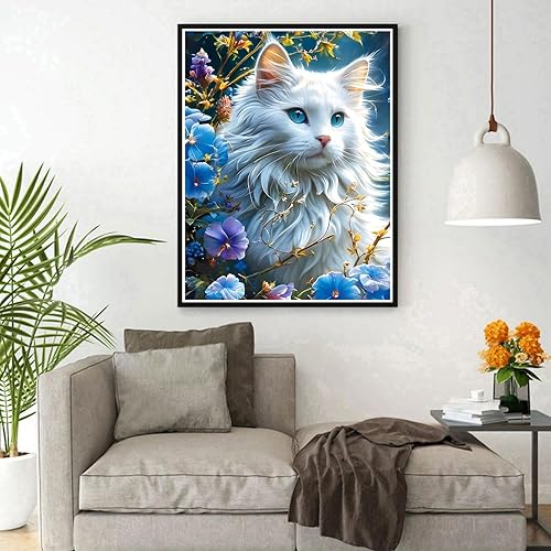 DPHERO 5D Chat Blanc Diamond Painting Kits, DIY Chaton Mignon Art du Diamant Painting Kit Complet, Fleurs Broderie Kits de Peinture sur Diamant Point de Croix Painting pour Adultes Débutants 30x40 cm - Nail Gallerys