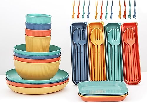 Ensemble de Vaisselle en Plastique Réutilisable pour 4 Personnes, 48 Pièces Incassables pour Camping, Pique-Nique et Fête, Assiettes, Bols, Verres et Couverts Durables - Nail Gallerys