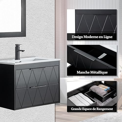 UEV Meuble sous Lavabo Suspendu 60cm, avec 2 Grands Tiroirs, Meuble Salle de Bain, Motif Ligne, Style Scandinave, Noir (Lavabo Non Inclus) - Nail Gallerys