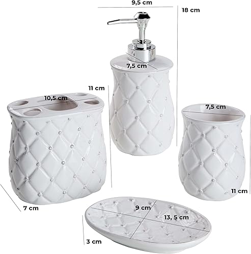 MONTEMAGGI Ensemble d’Accessoires de Salle de Bain en Céramique, Set des 4 pièces de Salle de Bain Comprend Un Dispenser de Savon, Un Porte-Brosse à Dents, Un Verre et Un Porte-Savon, Matelassé - Nail Gallerys