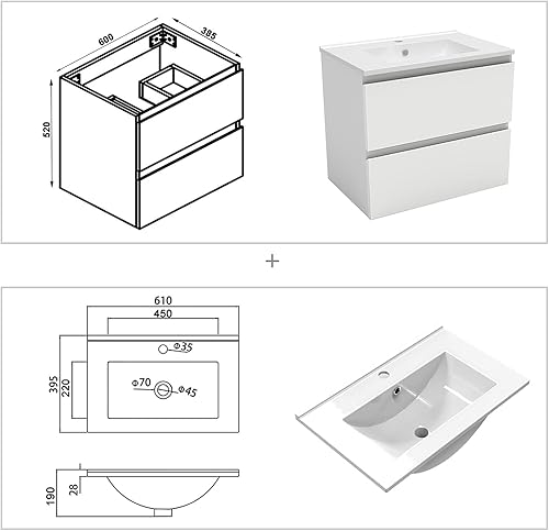 AICA Ensemble Meuble Salle de Bain 60cm Simple Vasque et Miroir Lumineux 3 Couleurs et dimmable Anthracite - Nail Gallerys