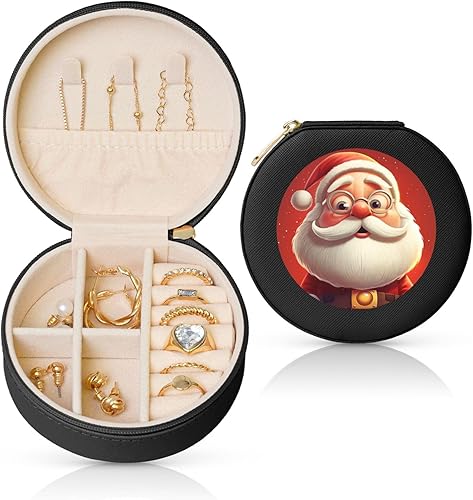 LHDGBNV Boîte à bijoux de voyage en cuir avec motif Père Noël portant des lunettes - Petit organisateur de bijoux pour femmes, bagues, colliers, cadeaux - Noir - Nail Gallerys