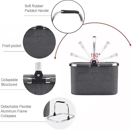 Sac de courses familial de 30 l - Pliable - Grand panier de pique-nique pliable - Sac de voyage - Panier de courses pratique avec poignées rembourrées - Idéal pour les voyages, les pique-niques, les - Nail Gallerys