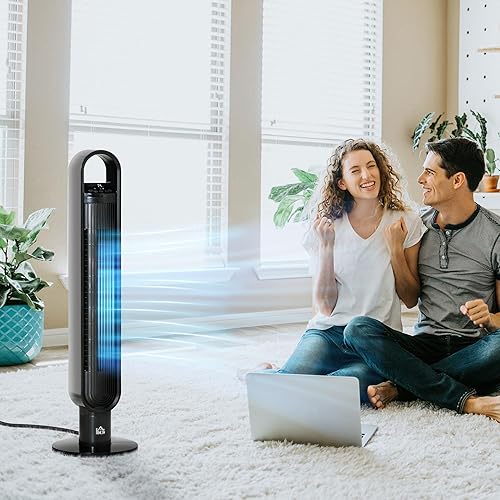 HOMCOM Ventilateur colonne à ions négatifs oscillant 80°, Ventilateur tour avec télécommande écran LED 60 W, minuterie de 12H, 3 modes 3 vitesses - noir - Nail Gallerys