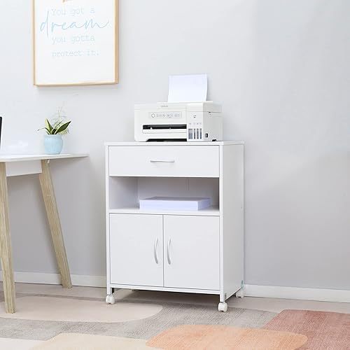 Vinsetto Support d'imprimante, Meuble imprimante Mobile, Meuble Rangement Bureau à roulettes avec Niche et Placard 2 Portes, tiroir et étagère réglable pour Bureau à Domicile, 60x39x80cm, Blanc - Nail Gallerys