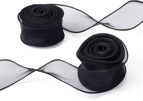 Crafans Lot de 2 rouleaux de ruban irisé noir scintillant en polyester transparent en forme de queue de poisson, ruban en mousseline de soie organza pour nœud floral, emballage cadeau - Nail Gallerys
