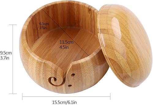 Bol à Tricoter en Bambou,15,5 x 9,4 cm - Fait à la Main-avec Trous de Couvercle Amovible-Bol de Rangement pour la Laine à Tricoter-pour Le Bricolage,Le Crochet,Le Tricot,la décoration de la Maison - Nail Gallerys