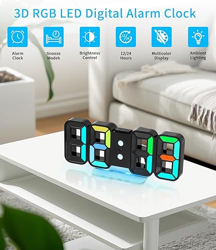 Zaxiva Horloge Murale Numérique Digitale Réveil LED 3D avec Télécommande Fonction Snooze Veilleuse 14 RGB Couleur 12/24 Heure Luminosité Réglage Décoration Gaming Chambre Bureau Salon Noir - Nail Gallerys