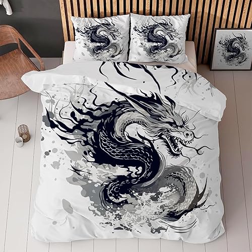 Housse de Couette 220x240 Dragon Noir Parure de Lit Japonais avec Fermeture Éclair, Housse Couette 2 Personnes Imprimée Art en Microfibre avec 2 Taie d'oreiller 65x65 cm - Nail Gallerys