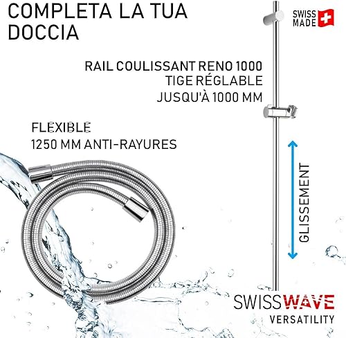 SwissWave - Douchette à Main - Pomme de Douche 1 Jet Pluie Relaxant - Valve d’Économie d’Eau 8 L/mn, 3 Bar - Pommeau de Douche avec Picots Anti-Calcaire - Disque ⌀112 mm - Nail Gallerys