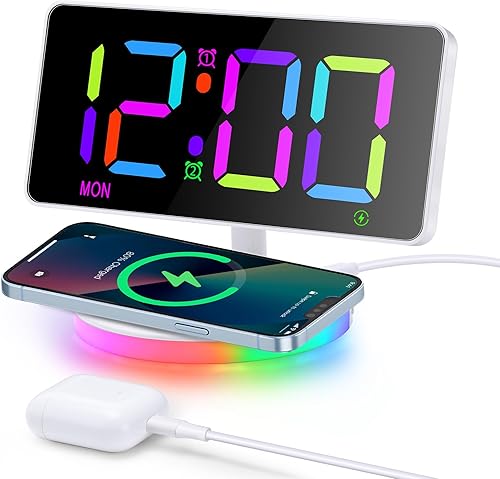 Bestcool Réveil avec Chargement sans Fil, Horloge Numérique LED Réglable Grand écran Horloge de Chevet avec Lumière RVB Dynamique Chargeur USB Double Alarme Horloge Miroir pour Chambre Bureau, Cadeau - Nail Gallerys