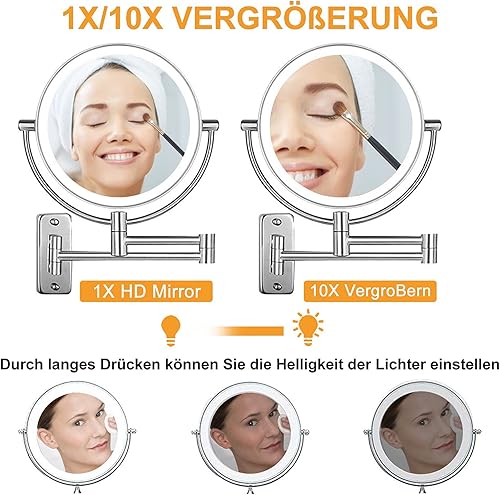 Miroir cosmétique LED GelldG, montage mural, 8 pouces, pivotant à 360°, lumineux LED, charge USB, pour salle de bain et spa - Nail Gallerys