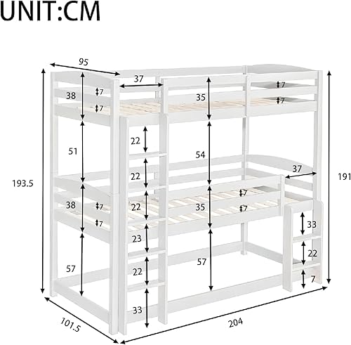 PUGSDRLY Lit Superposé Enfant 3 Places,Lit 3 Places avec échelle,Single-Size-lit superposé en Bois à Trois Places pour Enfants,90x200cm,sans Matelas (Blanc) - Nail Gallerys