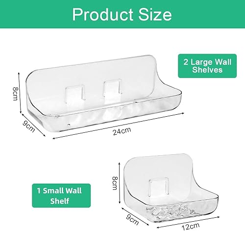 EUIEUT 3 Pcs Etagère sans Perçage en Plastique, Support de Douche Transparent Adhésive, Tablette Salle de Bain, Rangement Salle de Bain sans Percage, 2 Tailles, pour Chambre Salon Cuisine - Nail Gallerys