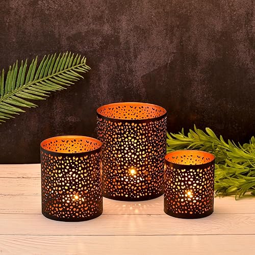 Lot de 3 Photophore marocain Estelle 14cm Grand Noir | Bougeoir Lanterne Marocaine pour l’extérieur au Jardin l’intérieur sur la Table | Photophores marocains pour décoration Maison Orientale - Nail Gallerys