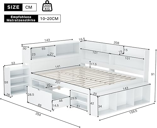 KOMHTOM Lit d'enfant Multifonctionnel avec Tiroirs, Bibliothèque et Armoire de Rangement, Cadre de Lit Plateforme, Sommier à Lattes en Bois, Blanc(sans Matelas) (90x200 cm) - Nail Gallerys
