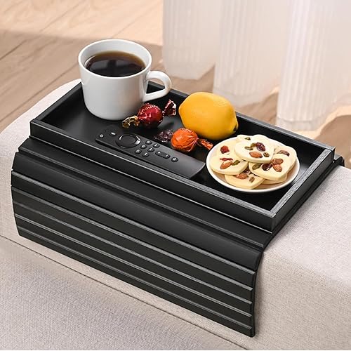 Oungy Plateau de canapé avec accoudoirs - Plateau antidérapant en bambou - Accoudoir flexible et pliable - Pour collations, tasses, téléphone portable - Commande (noir) - Nail Gallerys